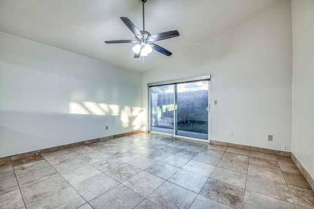 unfurnished room with ceiling fan and lofted ceiling