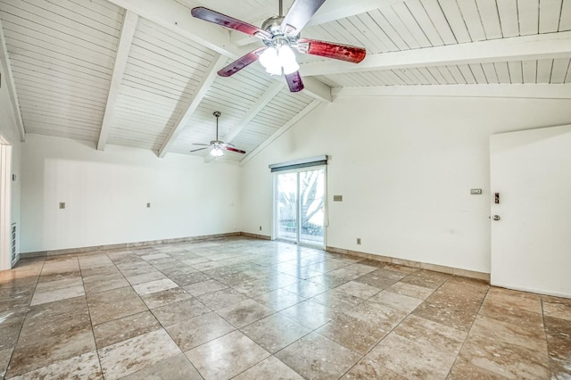 spare room featuring wooden ceiling, lofted ceiling with beams, and ceiling fan