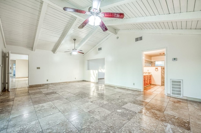 spare room with beam ceiling, high vaulted ceiling, ceiling fan, and wood ceiling