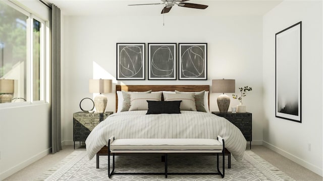 bedroom featuring baseboards, carpet floors, and ceiling fan