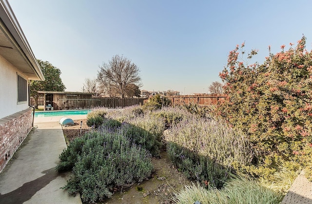 view of yard featuring a fenced in pool and a patio