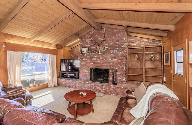 carpeted living room featuring a brick fireplace, wood walls, wood ceiling, and lofted ceiling with beams