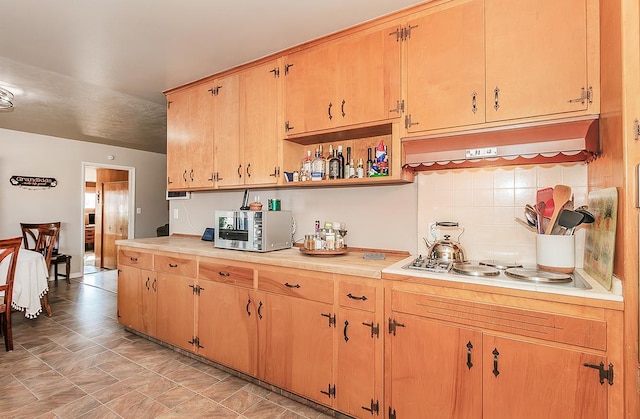 kitchen with exhaust hood and decorative backsplash