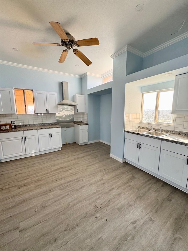 kitchen featuring light wood finished floors, crown molding, wall chimney range hood, and a sink