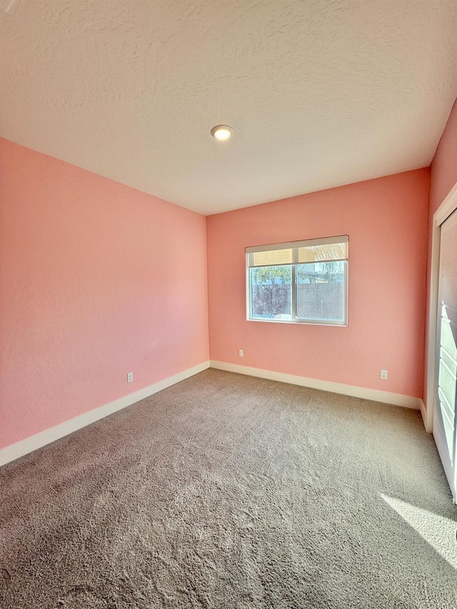 spare room featuring carpet flooring and a textured ceiling