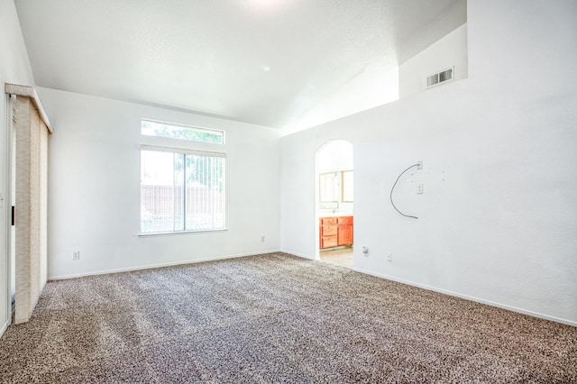 interior space with carpet floors and lofted ceiling