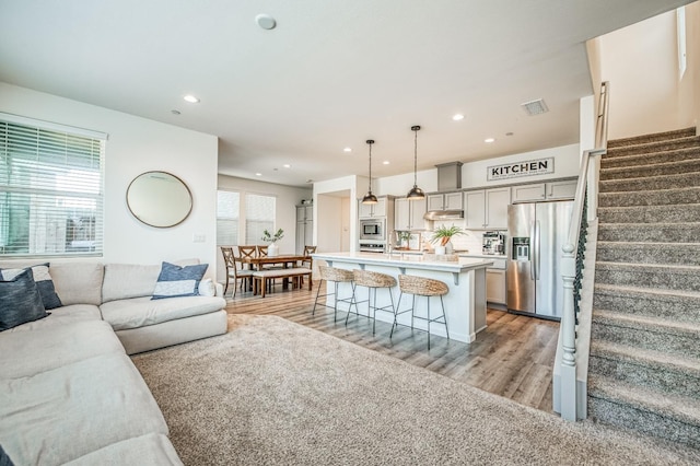 living room featuring a healthy amount of sunlight and light hardwood / wood-style flooring