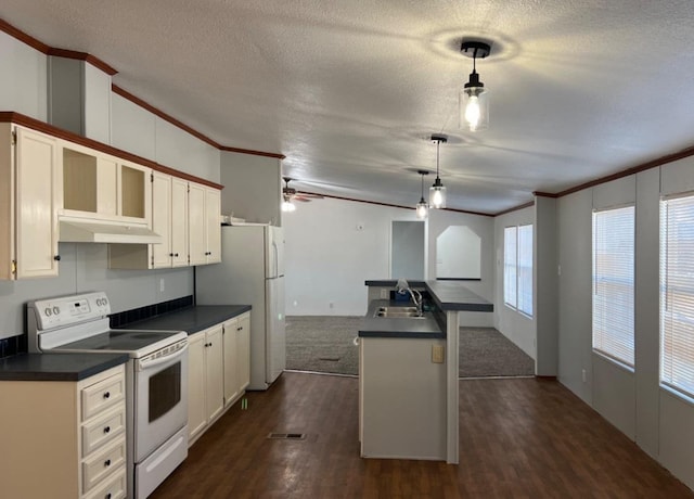 kitchen featuring decorative light fixtures, white appliances, dark hardwood / wood-style floors, and a textured ceiling