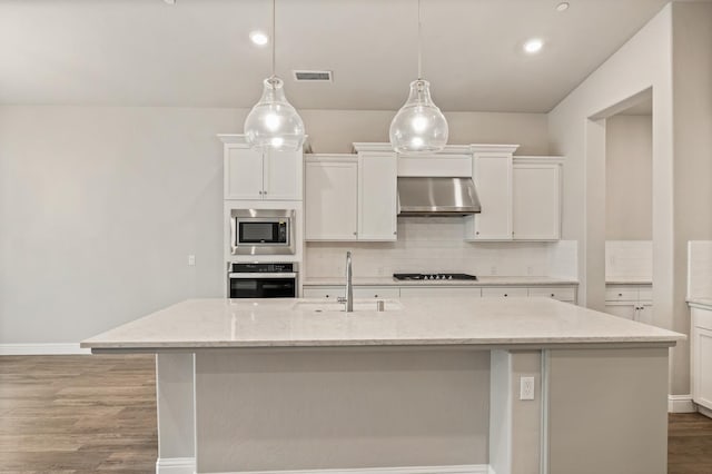 kitchen with appliances with stainless steel finishes, pendant lighting, an island with sink, sink, and exhaust hood