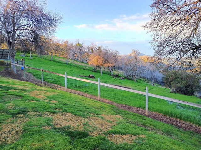 surrounding community featuring a rural view, a yard, and fence