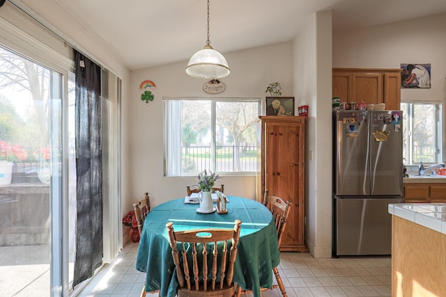 dining space featuring sink, plenty of natural light, and lofted ceiling