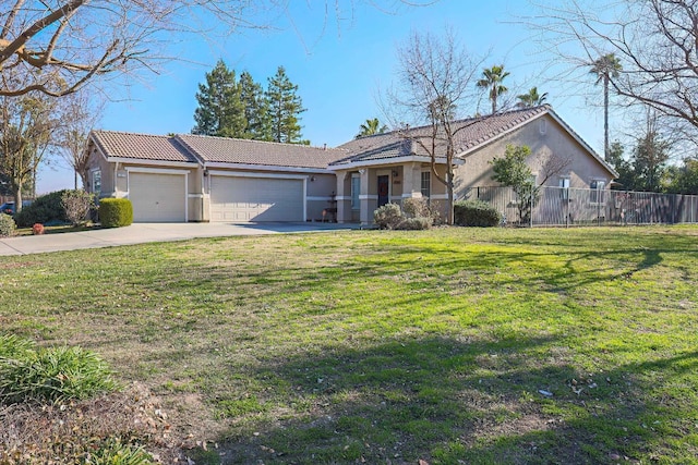 ranch-style house with a garage and a front lawn