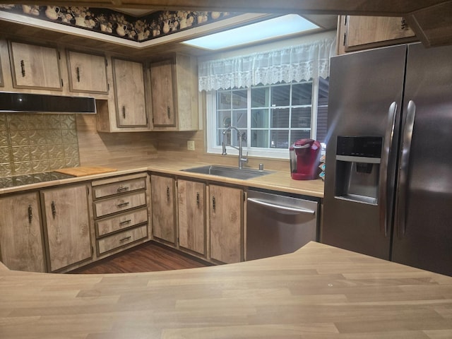 kitchen featuring dark wood-type flooring, sink, backsplash, and appliances with stainless steel finishes