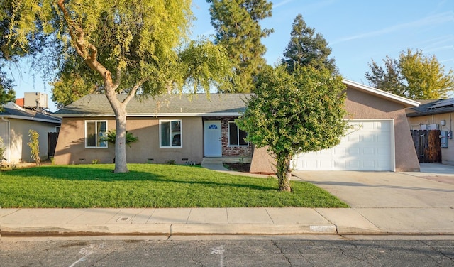 single story home featuring stucco siding, concrete driveway, a front yard, crawl space, and a garage