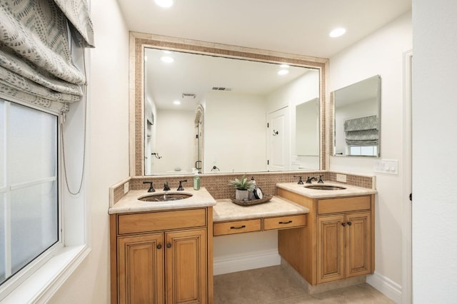 2519 24th Ave, Kingsburg, CA 93631 - full bathroom with backsplash, double vanity, recessed lighting, and tile patterned floors