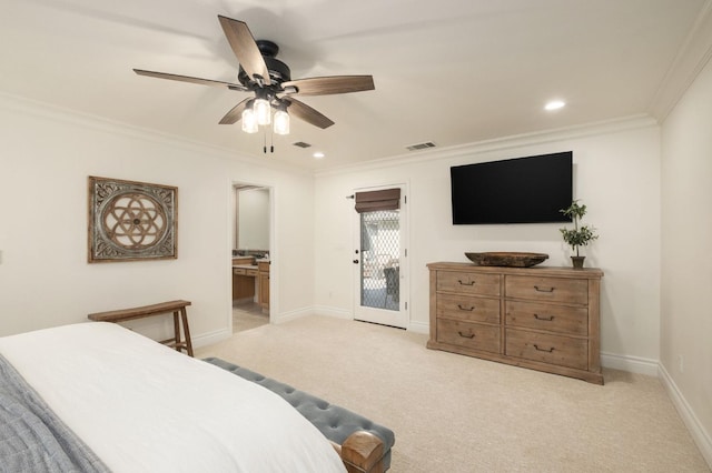2519 24th Ave, Kingsburg, CA 93631 - bedroom featuring access to outside, crown molding, baseboards, light colored carpet, and recessed lighting