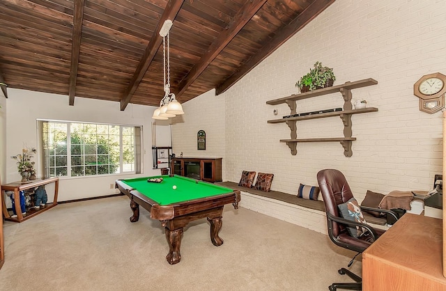 rec room featuring wood ceiling, high vaulted ceiling, light carpet, beamed ceiling, and brick wall