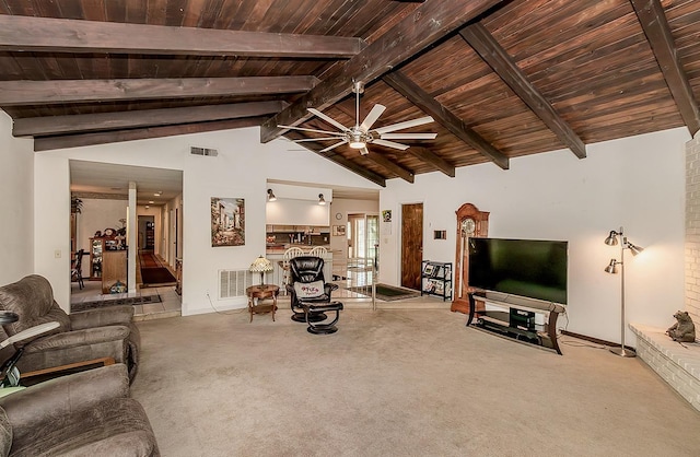 carpeted living room featuring wood ceiling, lofted ceiling with beams, and ceiling fan