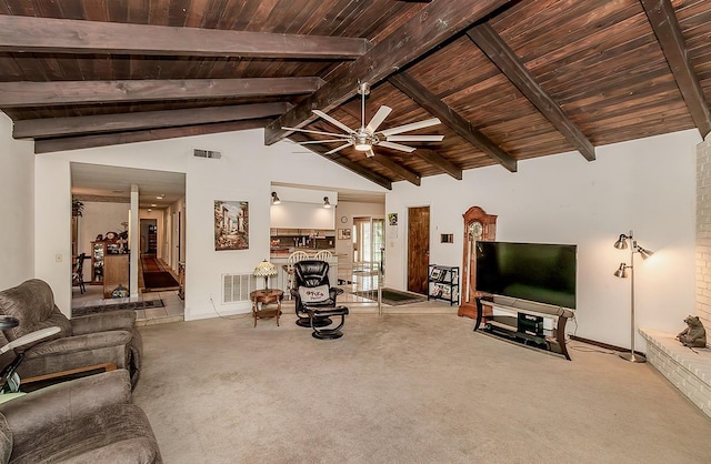 6779 N Woodson Ave, Fresno, CA 93711 - living area with wood ceiling, ceiling fan, and carpet flooring