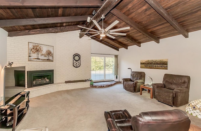 6779 N Woodson Ave, Fresno, CA 93711 - living area with wooden ceiling, carpet floors, a brick fireplace, and ceiling fan