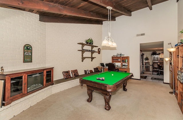 playroom featuring beamed ceiling, light colored carpet, wood ceiling, and billiards