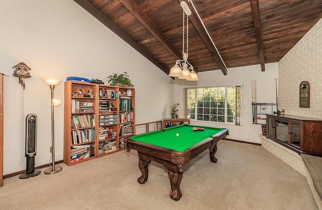 rec room featuring high vaulted ceiling, beamed ceiling, light colored carpet, pool table, and wooden ceiling