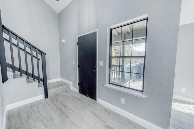 foyer with light hardwood / wood-style flooring, a wealth of natural light, and vaulted ceiling