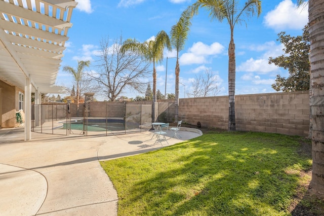 view of yard featuring a fenced in pool, a patio, and a pergola