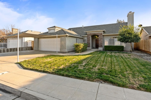 ranch-style house with a garage and a front lawn