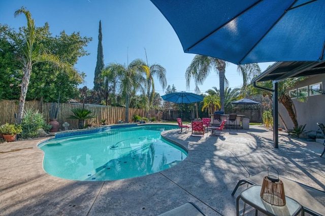 view of swimming pool with outdoor dining area, a patio area, a fenced backyard, and a fenced in pool