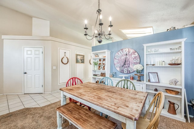 dining space featuring light tile patterned floors, a notable chandelier, and light colored carpet