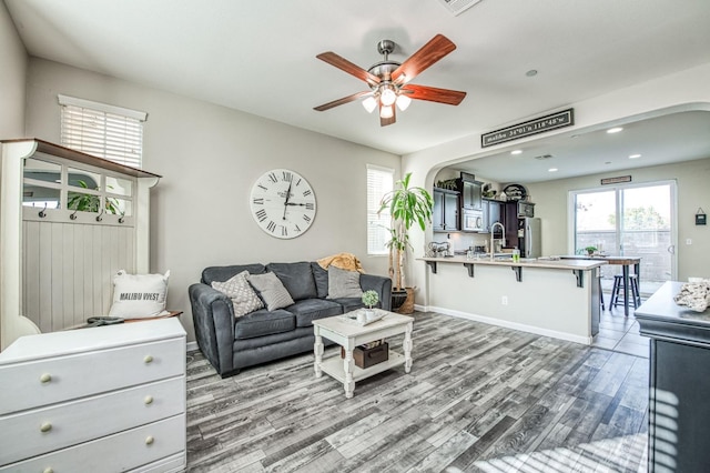 living room with ceiling fan, wood-type flooring, sink, and plenty of natural light