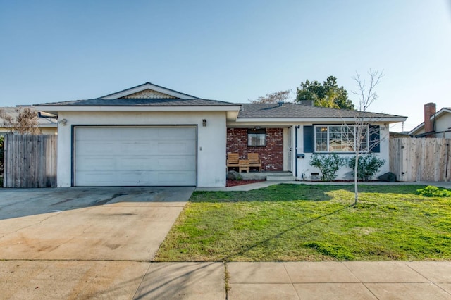 ranch-style house with a garage and a front yard