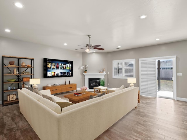 living room with wood-type flooring and ceiling fan