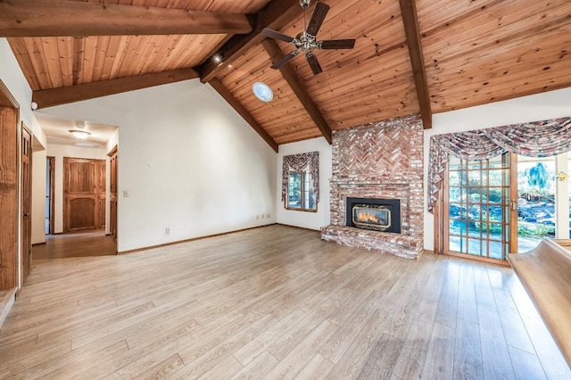 unfurnished living room featuring wood ceiling, light wood-type flooring, and beamed ceiling