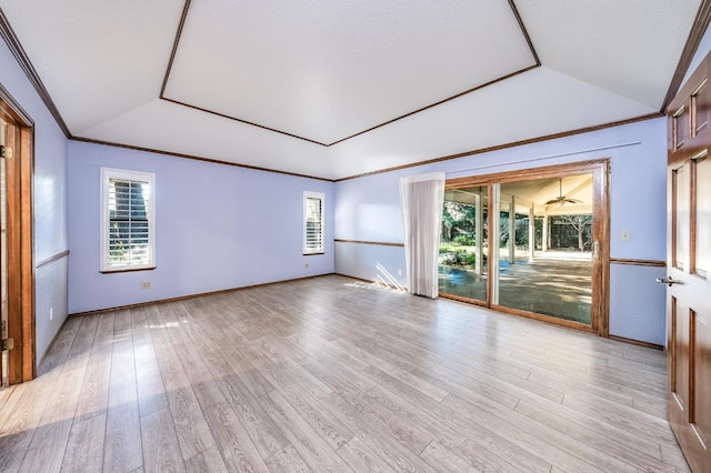 spare room with a tray ceiling, vaulted ceiling, and light hardwood / wood-style flooring