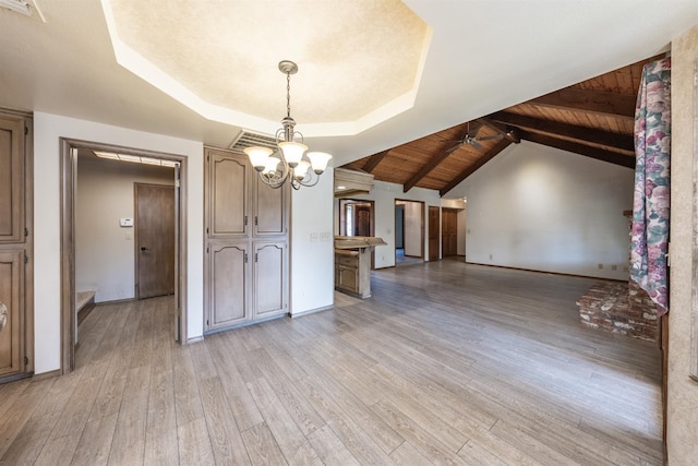 kitchen featuring wood ceiling, light hardwood / wood-style flooring, hanging light fixtures, vaulted ceiling with beams, and a notable chandelier