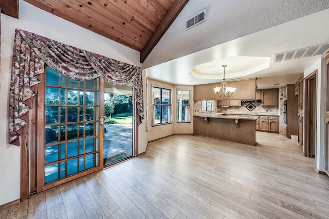 kitchen featuring decorative light fixtures, a chandelier, wood ceiling, kitchen peninsula, and light hardwood / wood-style flooring