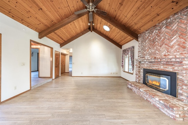 unfurnished living room featuring a fireplace, lofted ceiling with beams, ceiling fan, wooden ceiling, and light wood-type flooring