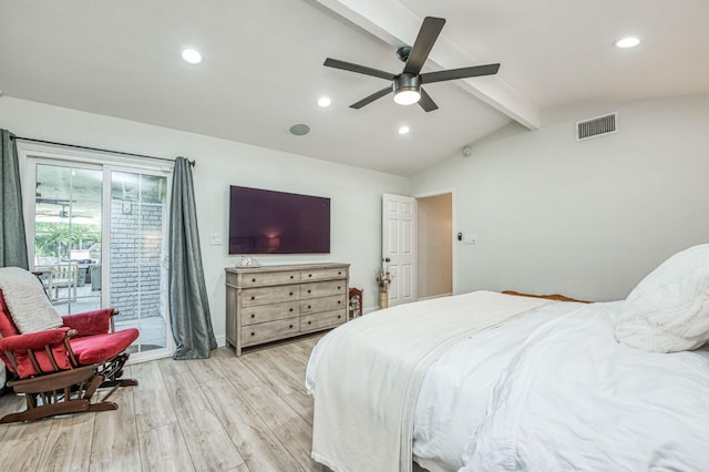 bedroom featuring ceiling fan, light hardwood / wood-style floors, and lofted ceiling with beams