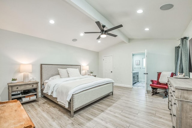 bedroom featuring vaulted ceiling with beams, connected bathroom, and ceiling fan