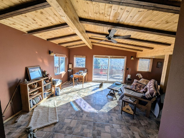 living room with wood ceiling, ceiling fan, and vaulted ceiling with beams