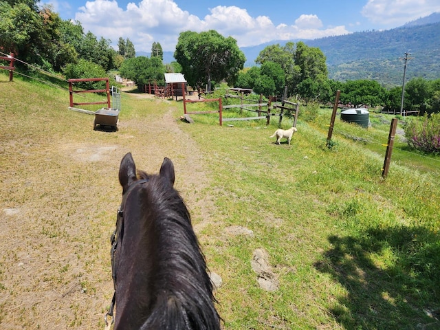 view of yard with a rural view, a mountain view, and an outbuilding