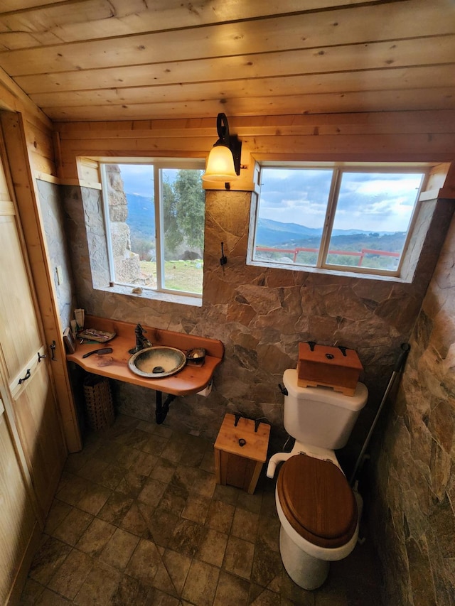 bathroom with a mountain view, wood ceiling, and toilet