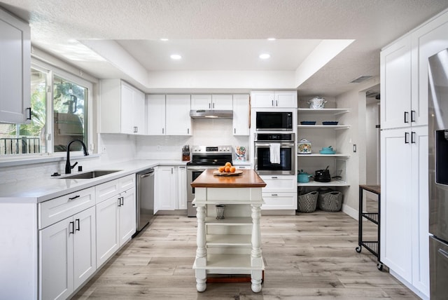 kitchen featuring white cabinetry, sink, a raised ceiling, and appliances with stainless steel finishes