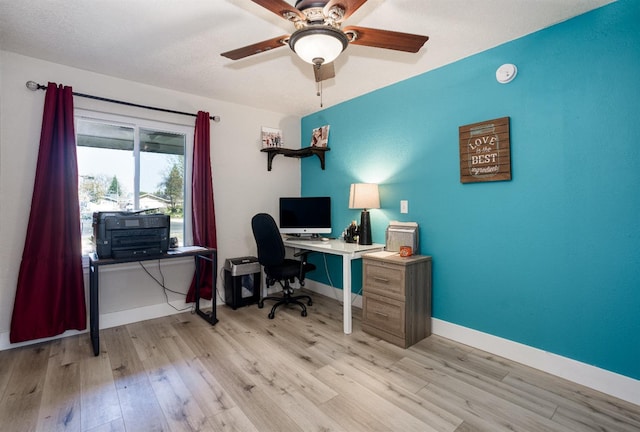 office area featuring ceiling fan and light wood-type flooring