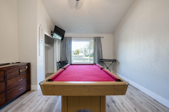 rec room with pool table and light hardwood / wood-style flooring