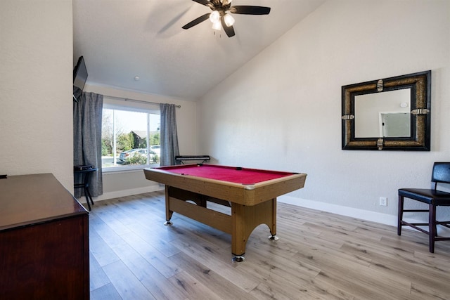 playroom featuring lofted ceiling, light hardwood / wood-style floors, ceiling fan, and billiards