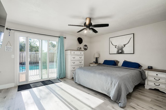 bedroom featuring access to outside, ceiling fan, and light hardwood / wood-style floors