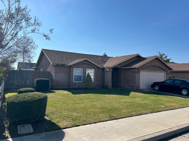 ranch-style home with stucco siding, fence, a front lawn, and a garage